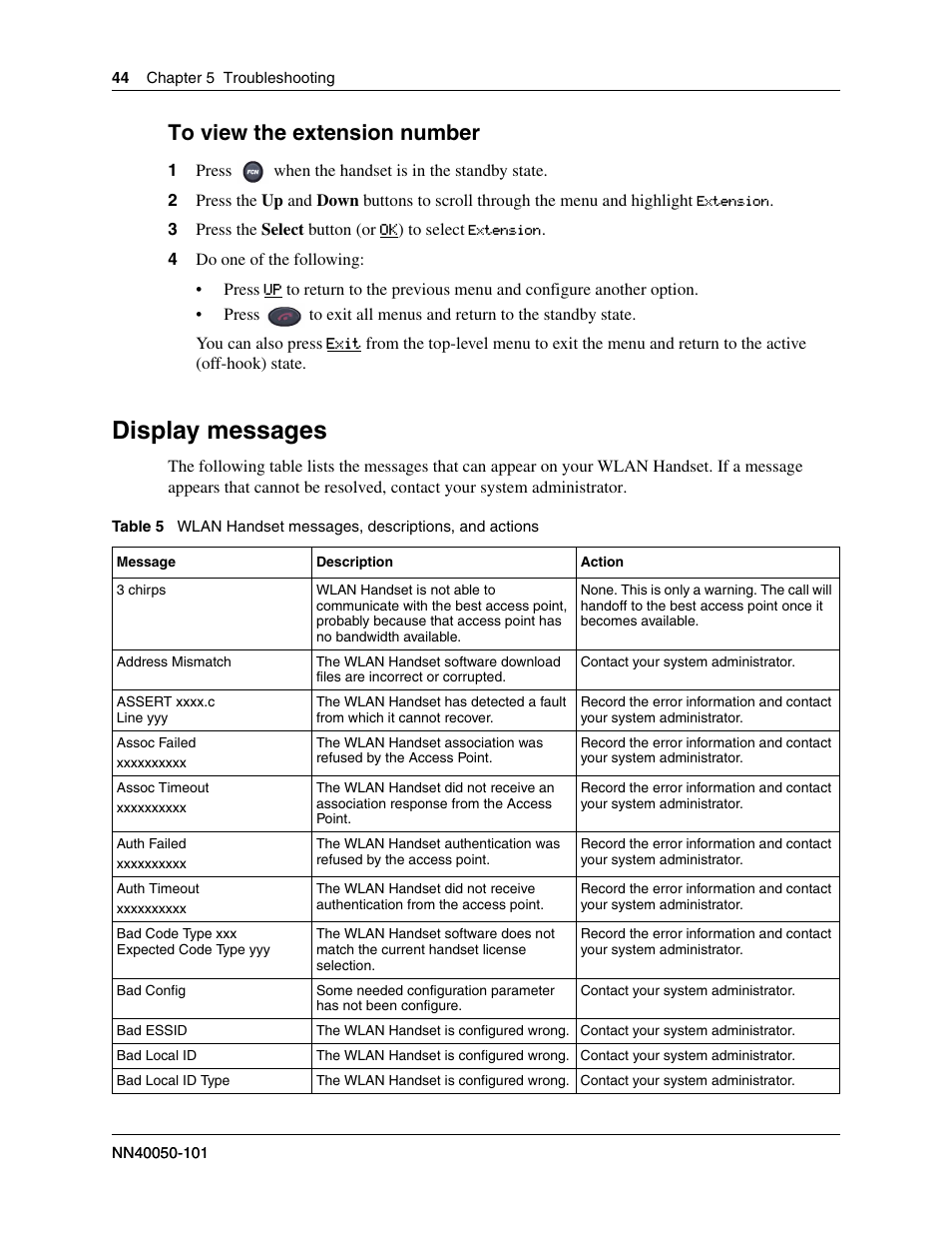 Display messages, To view the extension number | Nortel Networks 2212 User Manual | Page 44 / 61