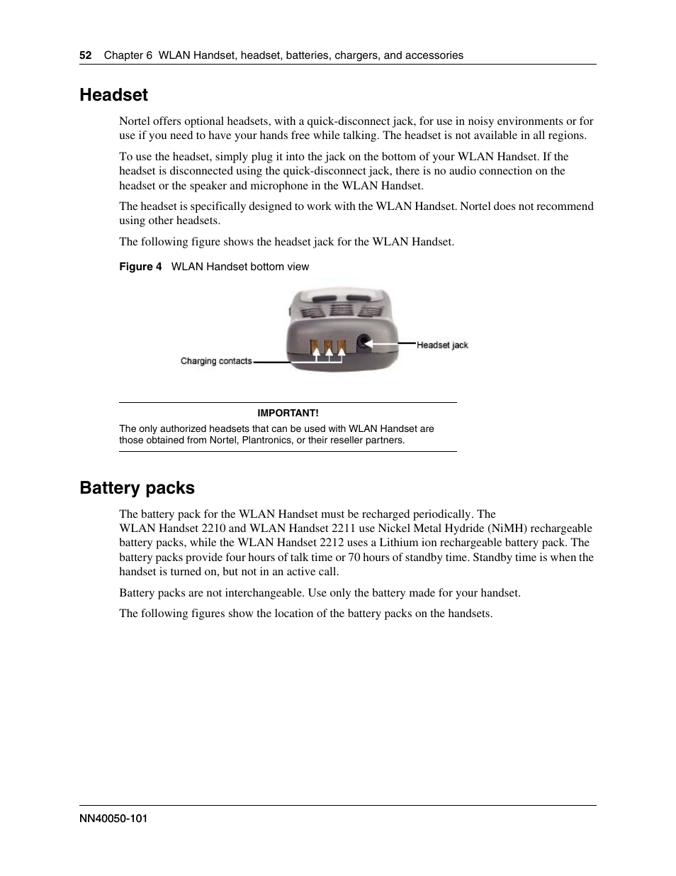 Headset, Battery packs | Nortel Networks 2212 User Manual | Page 52 / 61