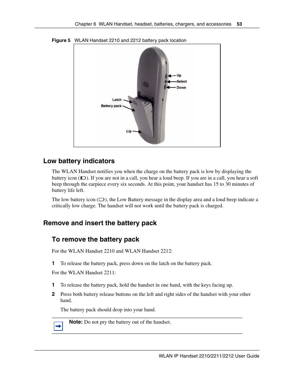 Low battery indicators, Remove and insert the battery pack, To remove the battery pack | Nortel Networks 2212 User Manual | Page 53 / 61