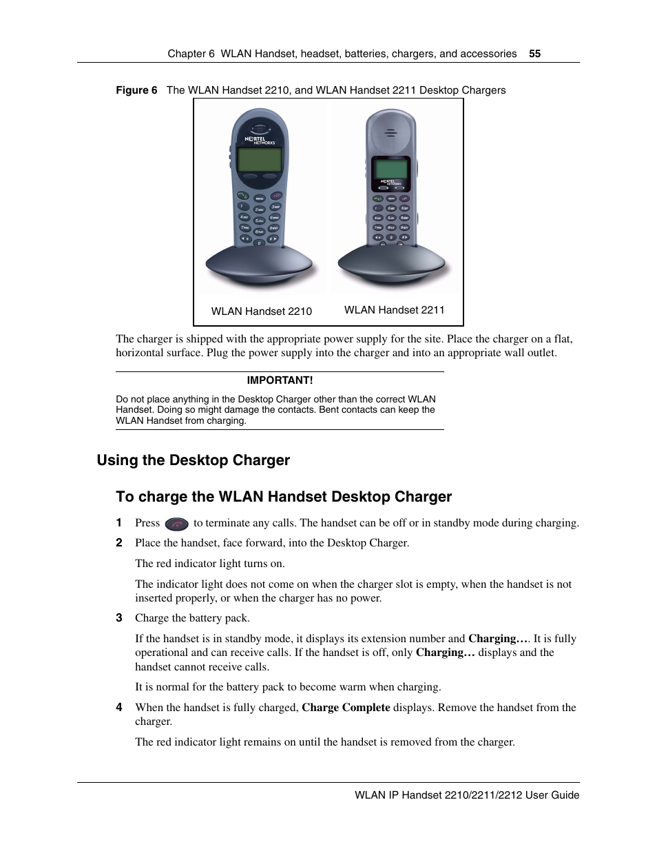 Using the desktop charger, To charge the wlan handset desktop charger | Nortel Networks 2212 User Manual | Page 55 / 61