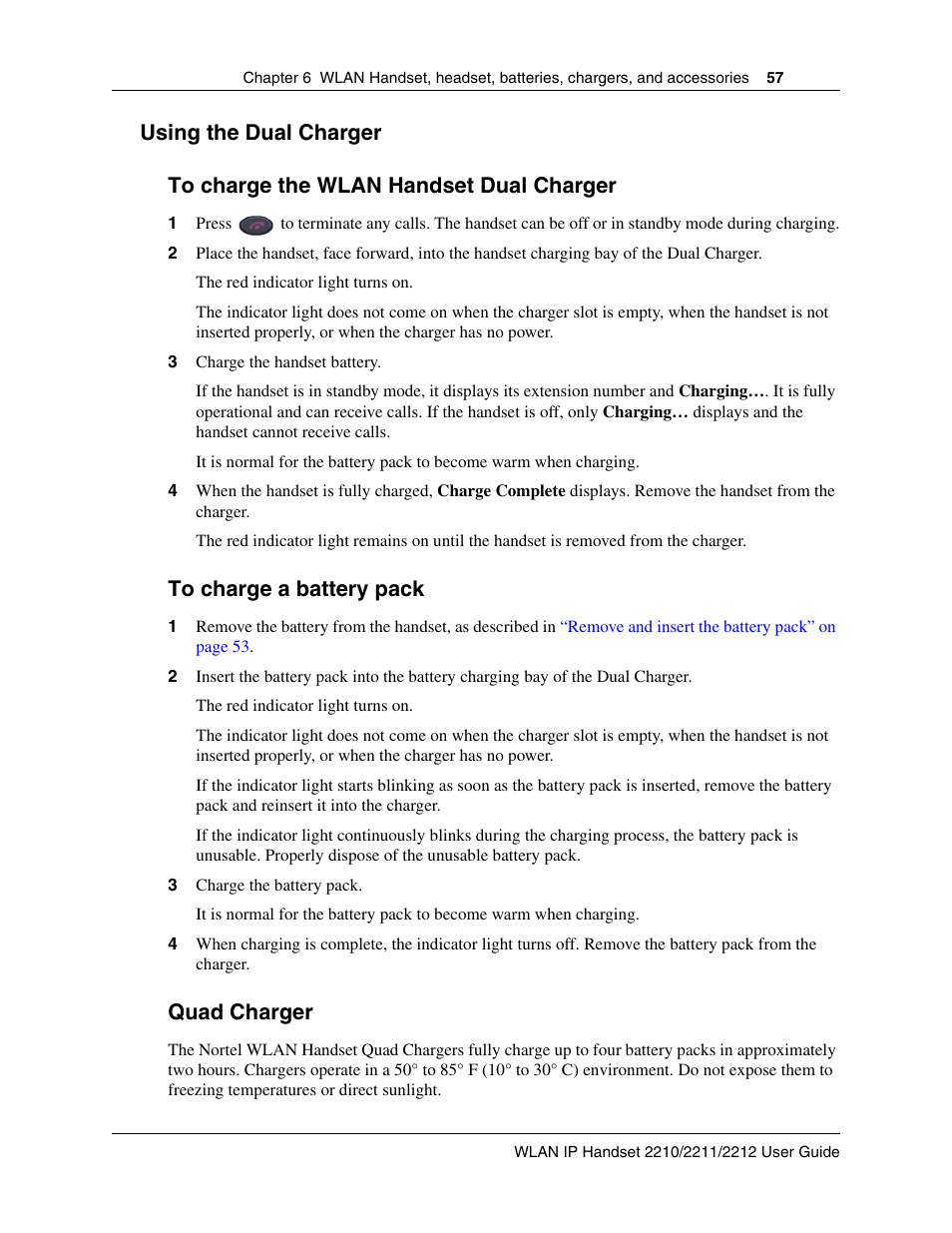 Using the dual charger, Quad charger | Nortel Networks 2212 User Manual | Page 57 / 61