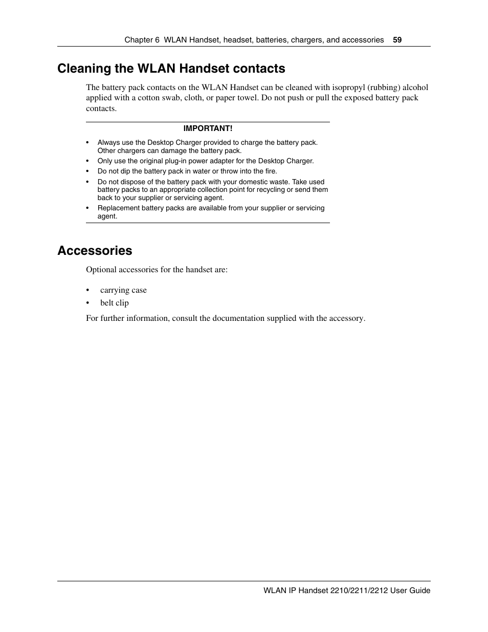Cleaning the wlan handset contacts, Accessories | Nortel Networks 2212 User Manual | Page 59 / 61