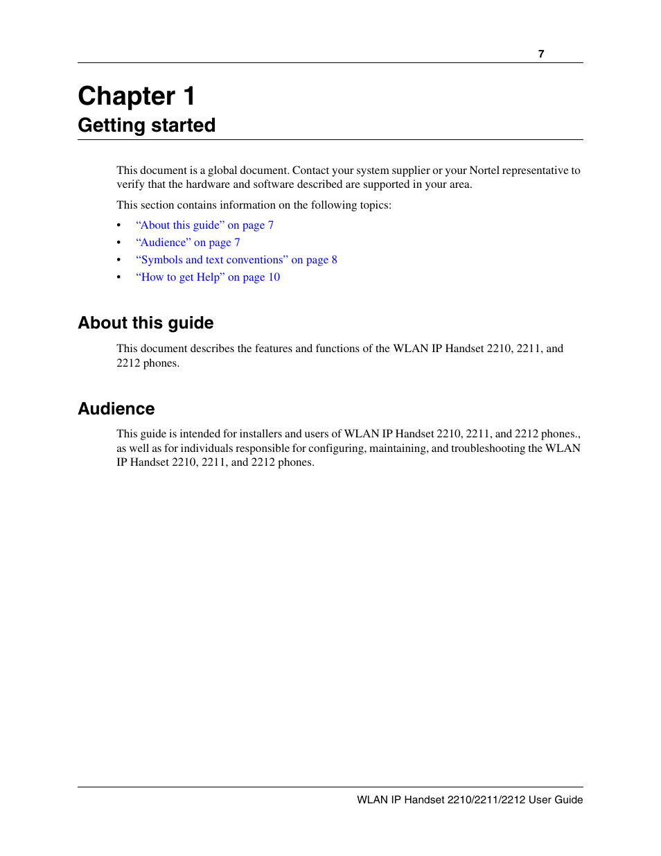 Getting started, About this guide, Audience | Chapter 1 getting started, Chapter 1 | Nortel Networks 2212 User Manual | Page 7 / 61
