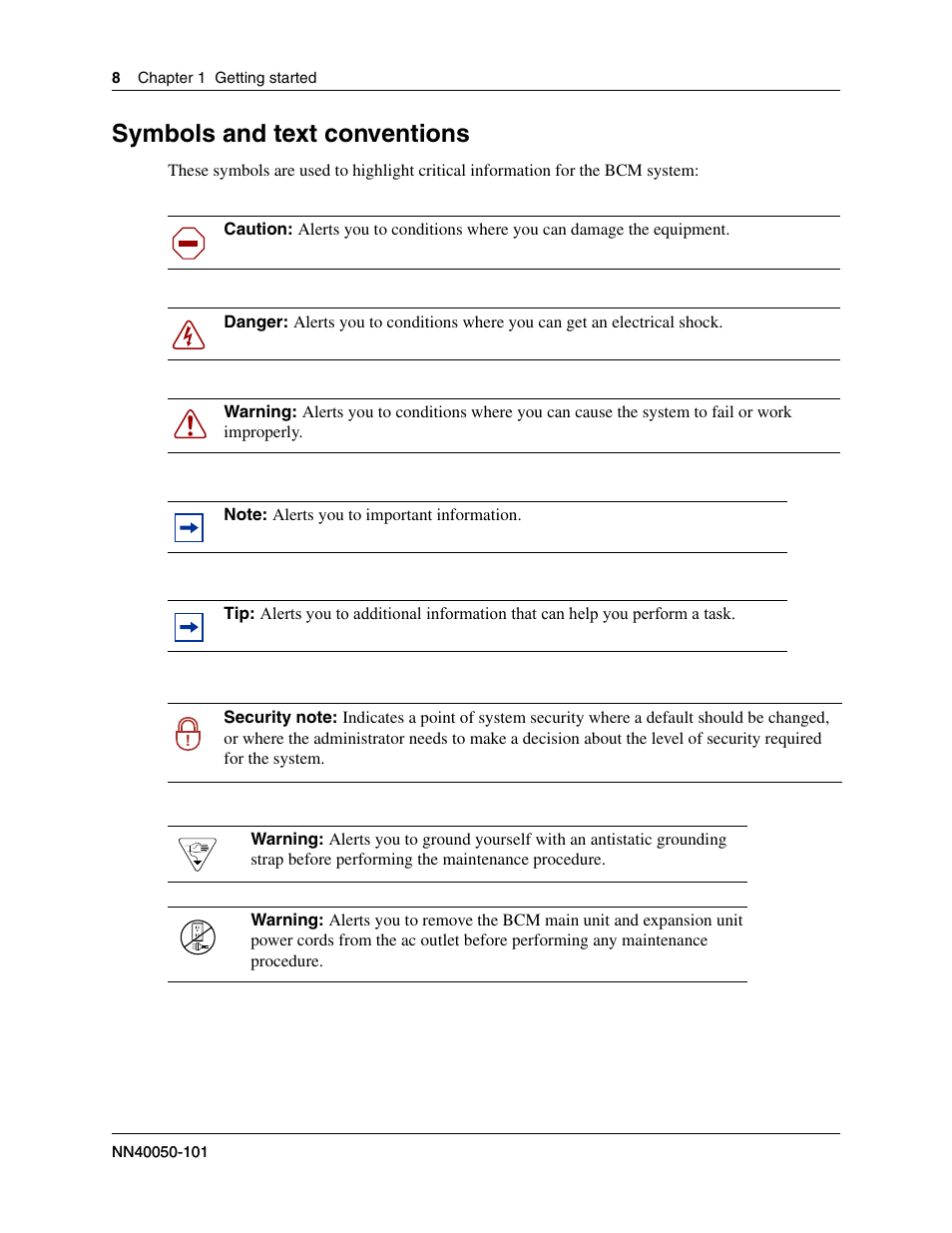 Symbols and text conventions | Nortel Networks 2212 User Manual | Page 8 / 61