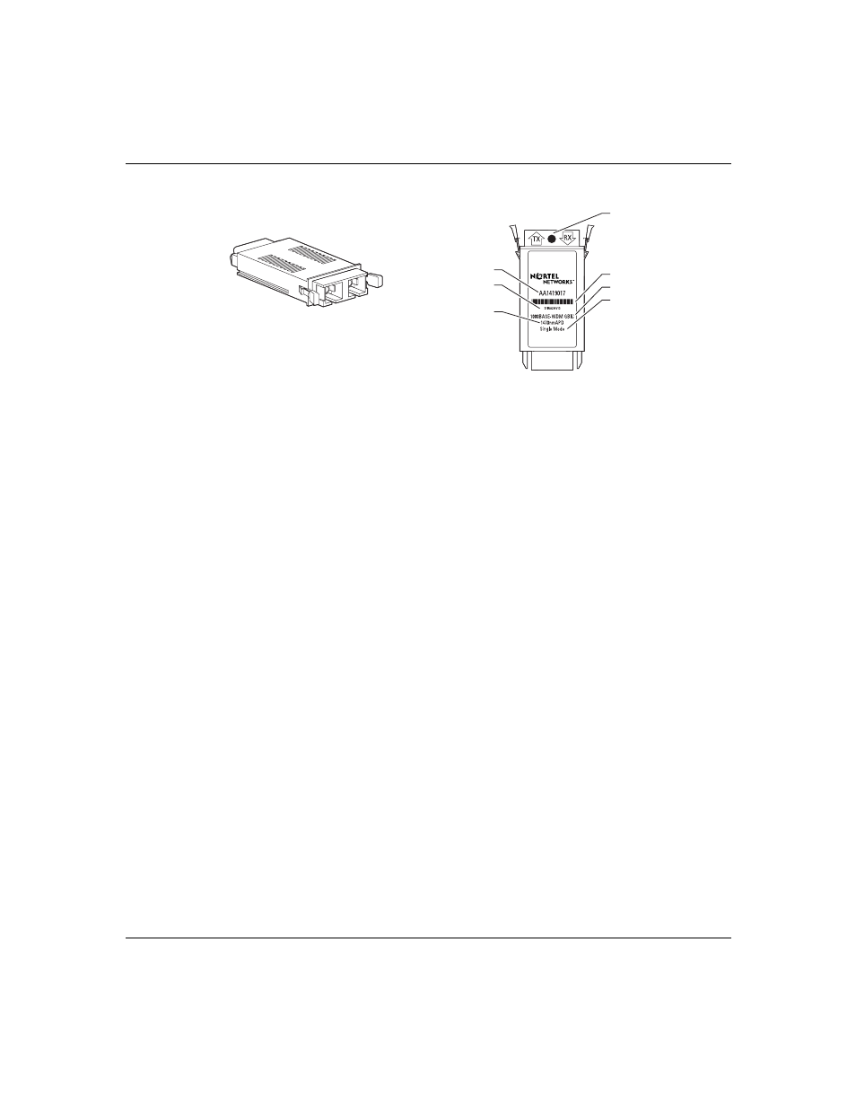 Optical add drop multiplexer description, Figure 2, Cwdm gbic transceiver and label | Nortel Networks 10292FA User Manual | Page 19 / 70