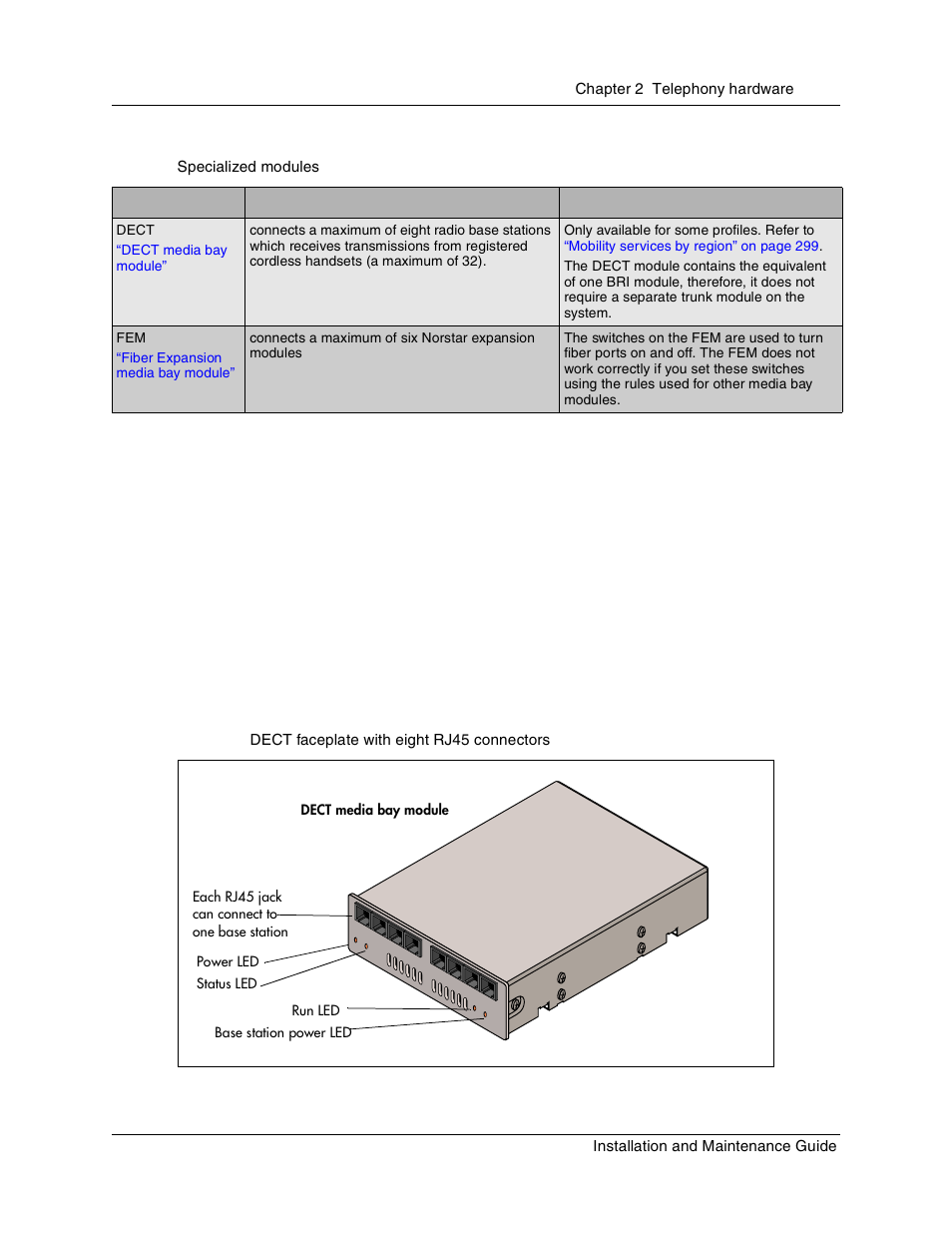 Dect media bay module, Figure 34, Dect faceplate with eight rj45 connectors | Table 9, Specialized modules, Region-specific application) | Nortel Networks BCM1000 User Manual | Page 101 / 347