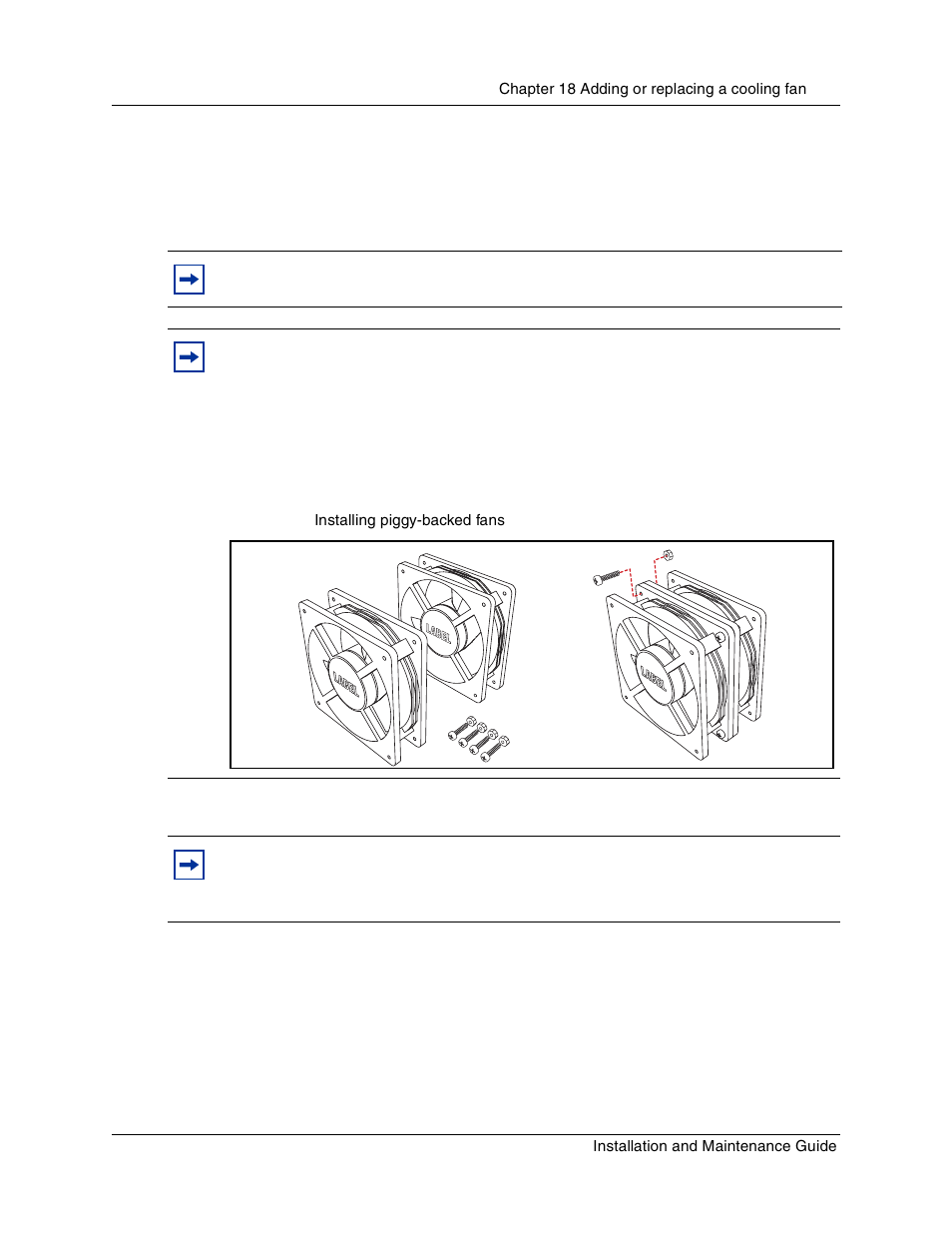 Replacing the cooling fan, Figure 125 installing piggy-backed fans, Install new fan | Nortel Networks BCM1000 User Manual | Page 265 / 347