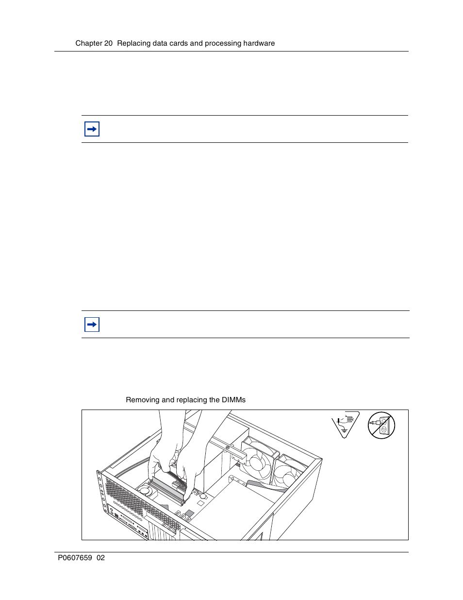 Replacing memory dimm chips, Figure 147 removing and replacing the dimms, Pull dimm off | Motherboard | Nortel Networks BCM1000 User Manual | Page 288 / 347