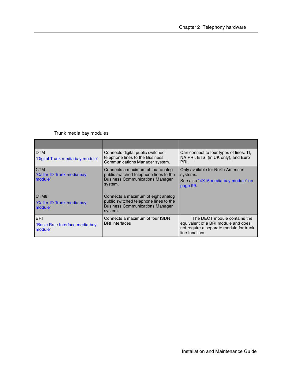 Trunk media bay modules, Table 6 | Nortel Networks BCM1000 User Manual | Page 93 / 347