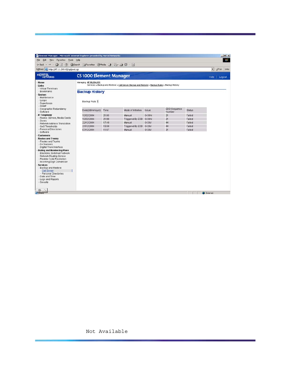 Backup history on the element manager home page | Nortel Networks NN43001-106 User Manual | Page 530 / 576