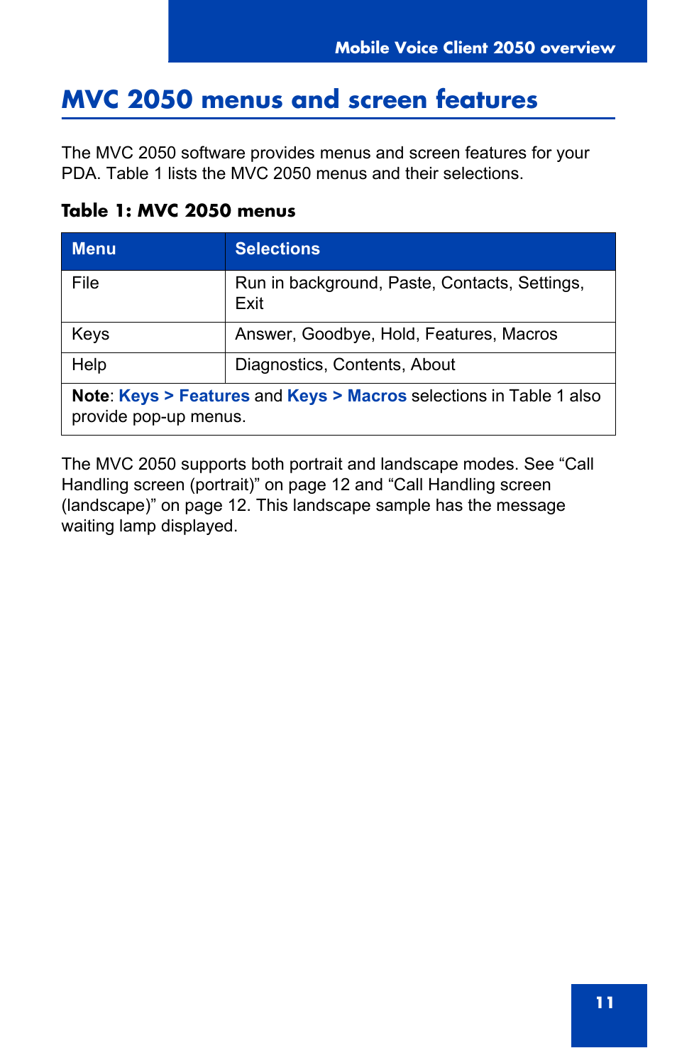 Mvc 2050 menus and screen features | Nortel Networks N0035509 User Manual | Page 11 / 90