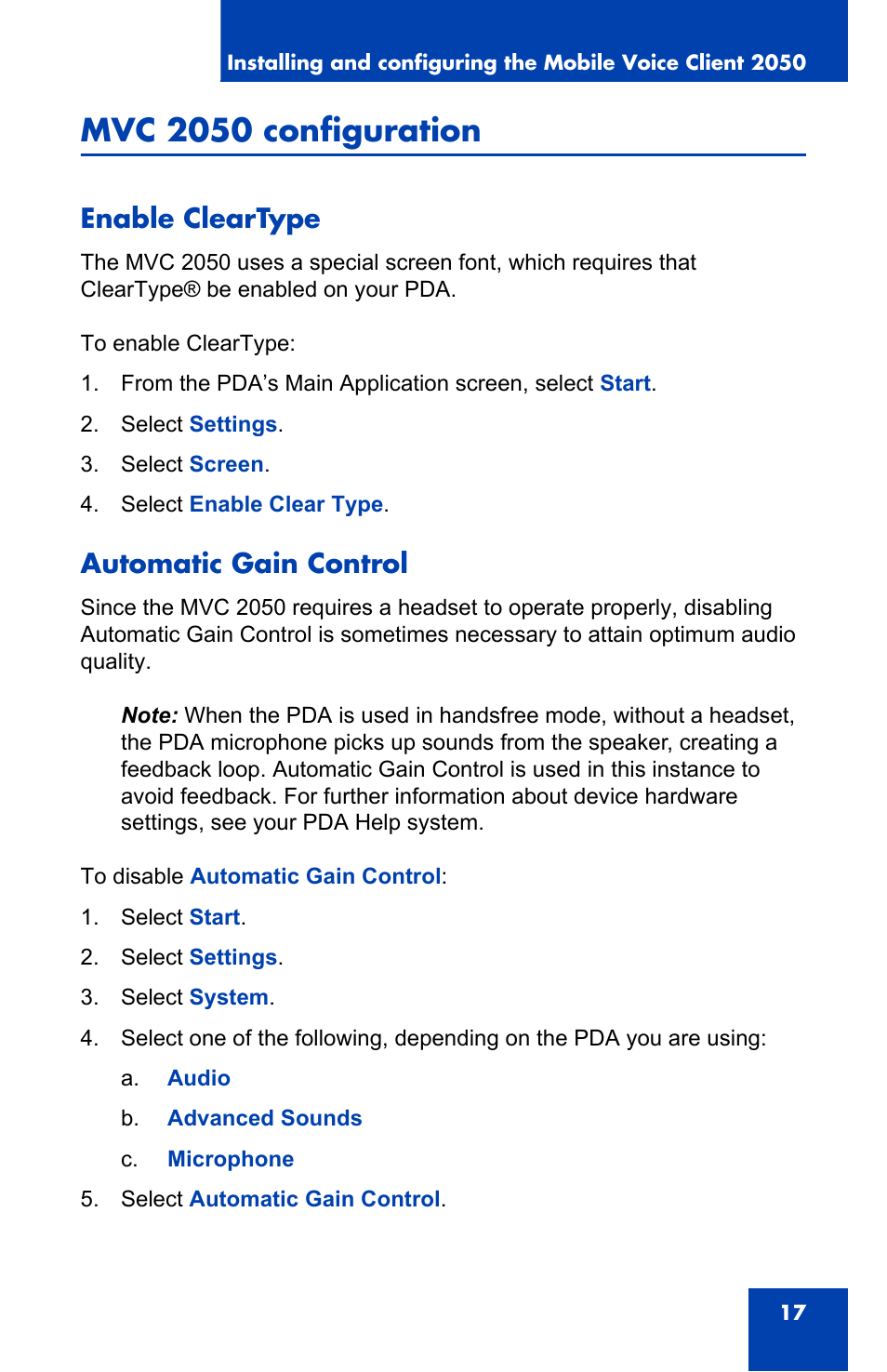 Mvc 2050 configuration, Enable cleartype, Automatic gain control | Nortel Networks N0035509 User Manual | Page 17 / 90