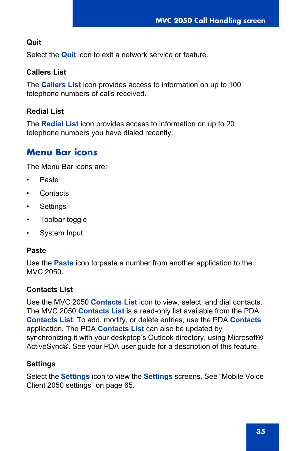 Menu bar icons | Nortel Networks N0035509 User Manual | Page 35 / 90