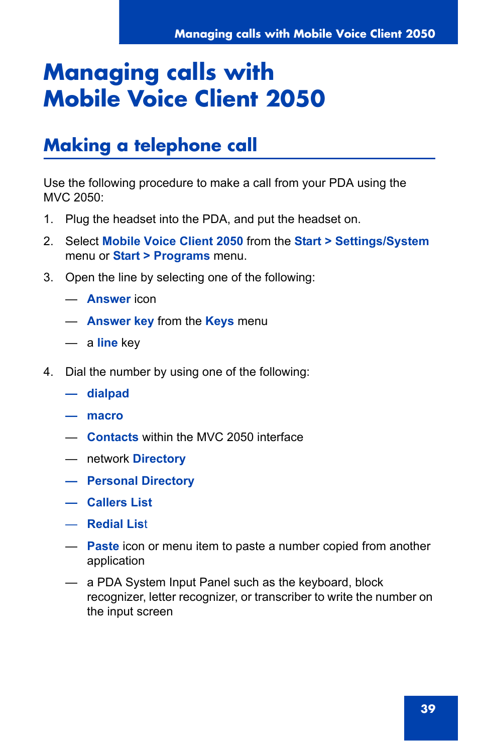 Managing calls with mobile voice client 2050, Making a telephone call | Nortel Networks N0035509 User Manual | Page 39 / 90