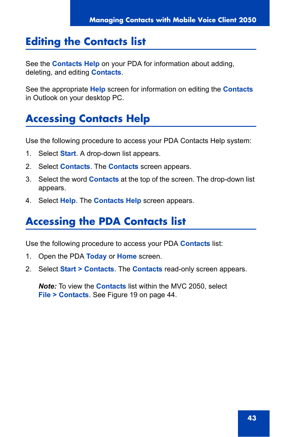 Editing the contacts list, Accessing contacts help, Accessing the pda contacts list | Nortel Networks N0035509 User Manual | Page 43 / 90