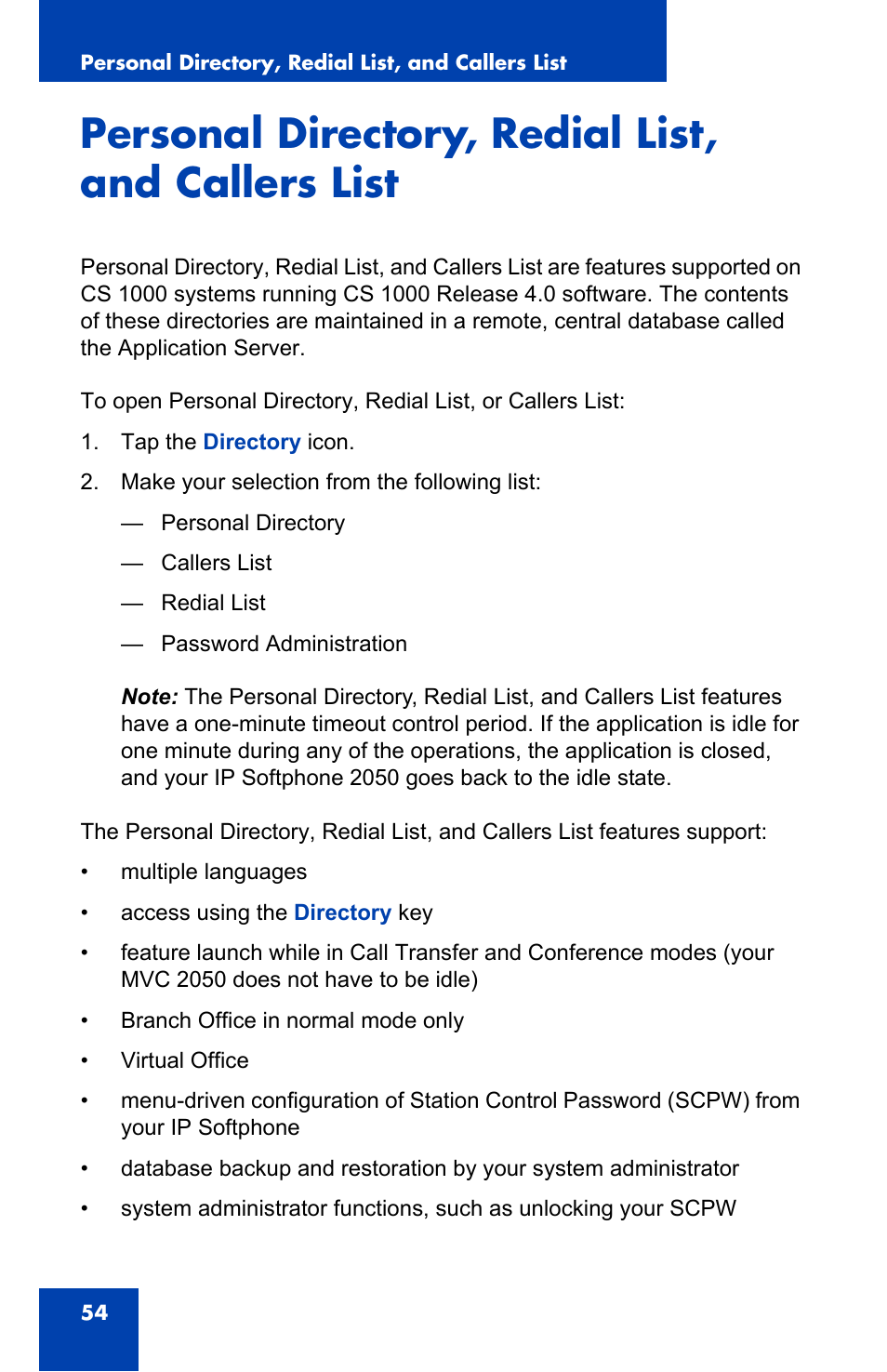 Personal directory, redial list, and callers list | Nortel Networks N0035509 User Manual | Page 54 / 90