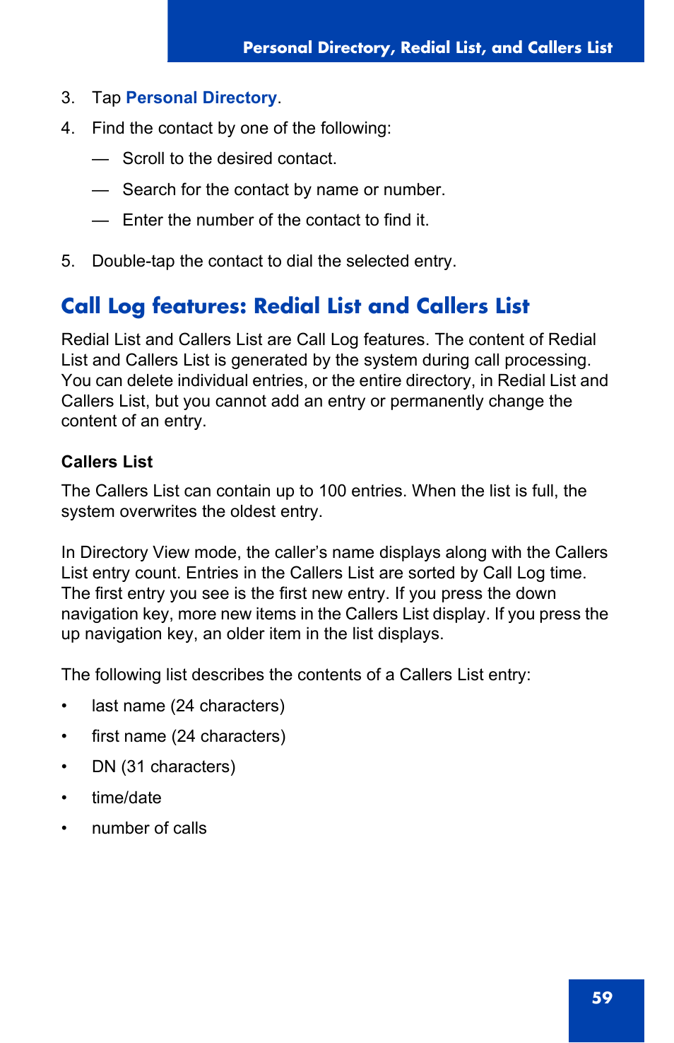 Call log features: redial list and callers list | Nortel Networks N0035509 User Manual | Page 59 / 90