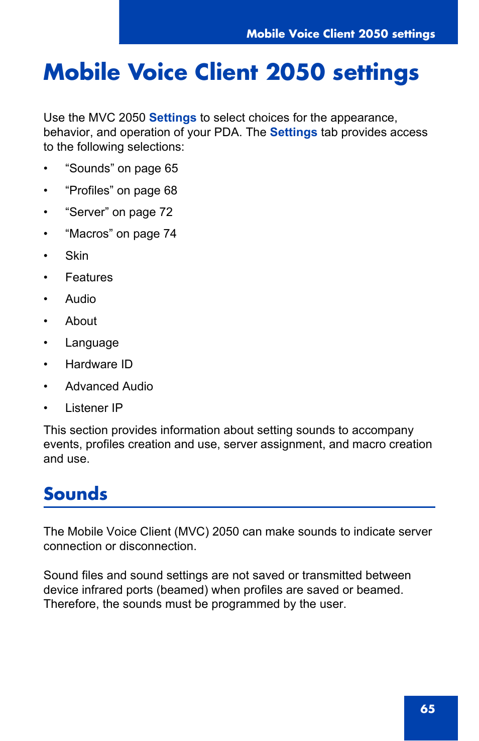 Mobile voice client 2050 settings, Sounds | Nortel Networks N0035509 User Manual | Page 65 / 90