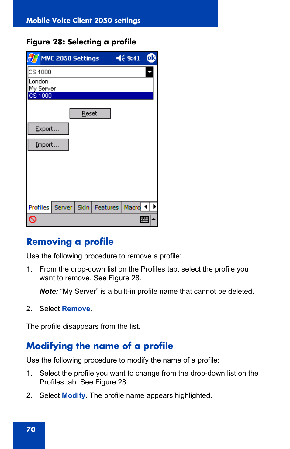 Removing a profile, Modifying the name of a profile | Nortel Networks N0035509 User Manual | Page 70 / 90