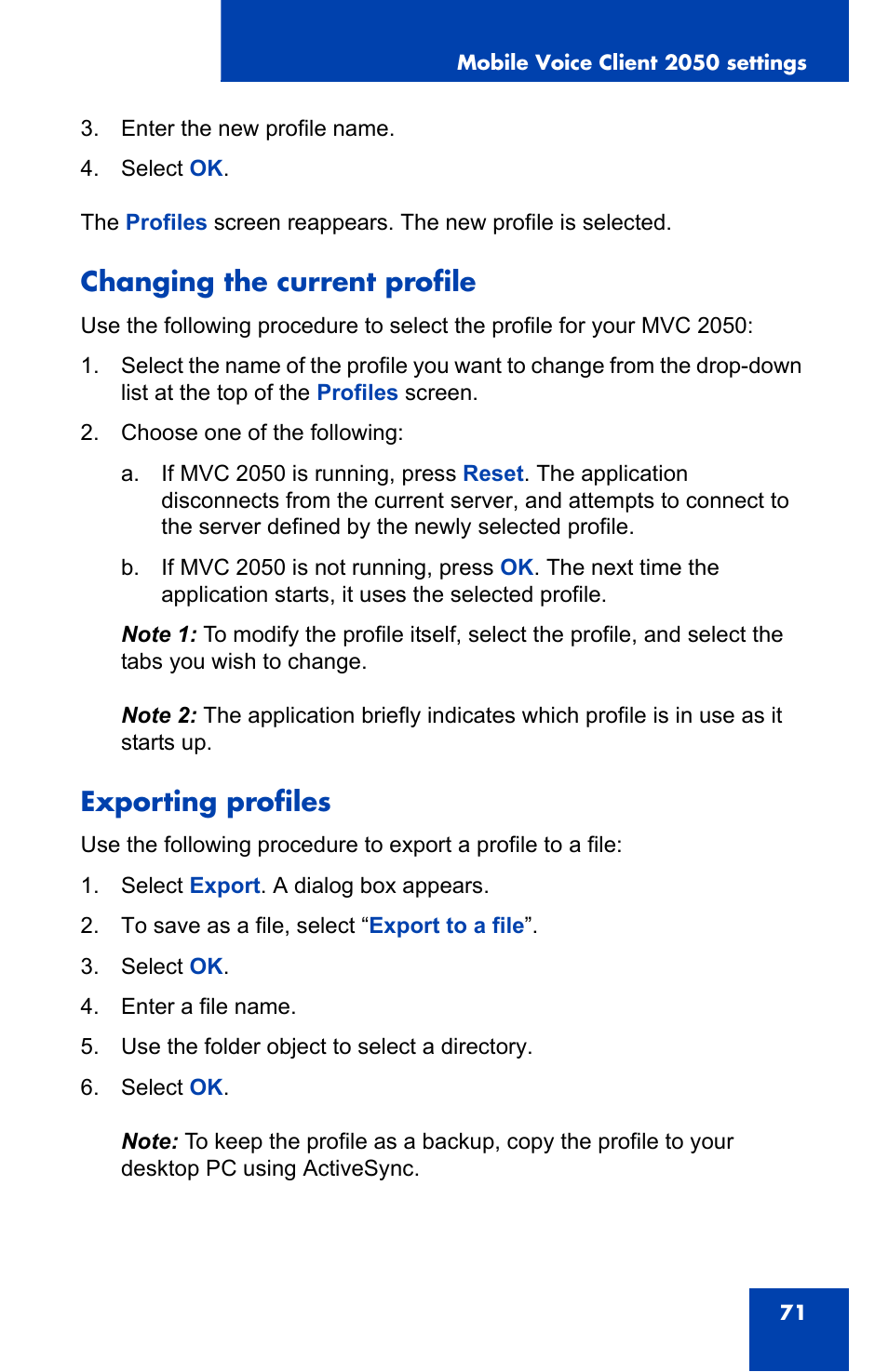 Changing the current profile, Exporting profiles | Nortel Networks N0035509 User Manual | Page 71 / 90