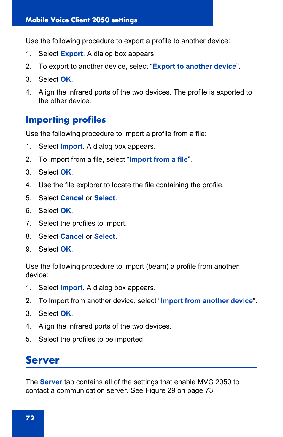 Importing profiles, Server | Nortel Networks N0035509 User Manual | Page 72 / 90