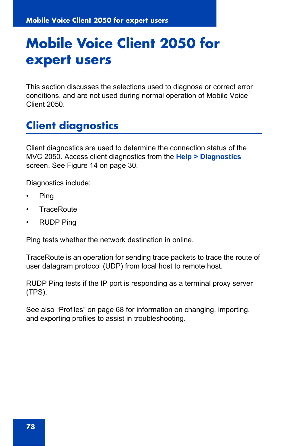 Mobile voice client 2050 for expert users, Client diagnostics | Nortel Networks N0035509 User Manual | Page 78 / 90