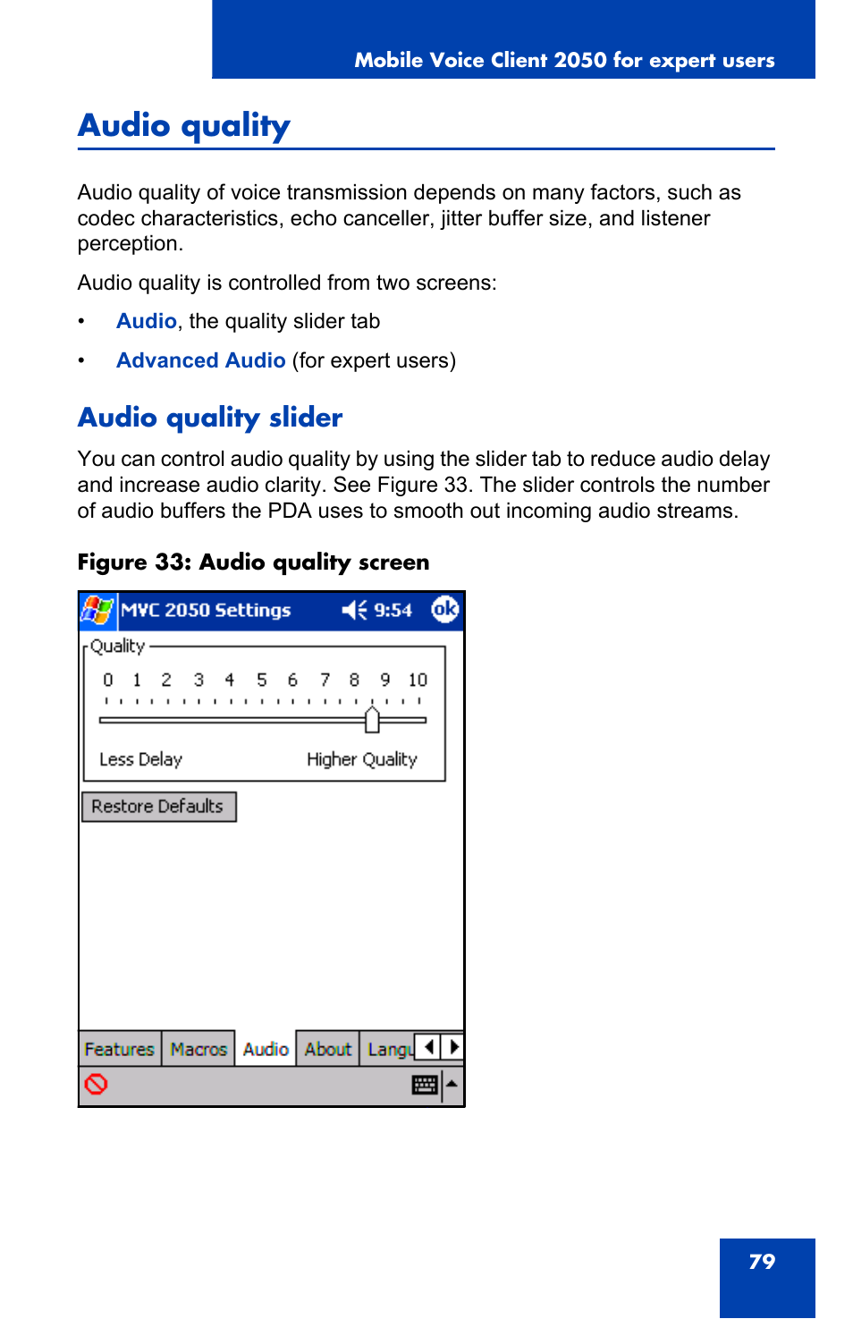 Audio quality, Audio quality slider | Nortel Networks N0035509 User Manual | Page 79 / 90