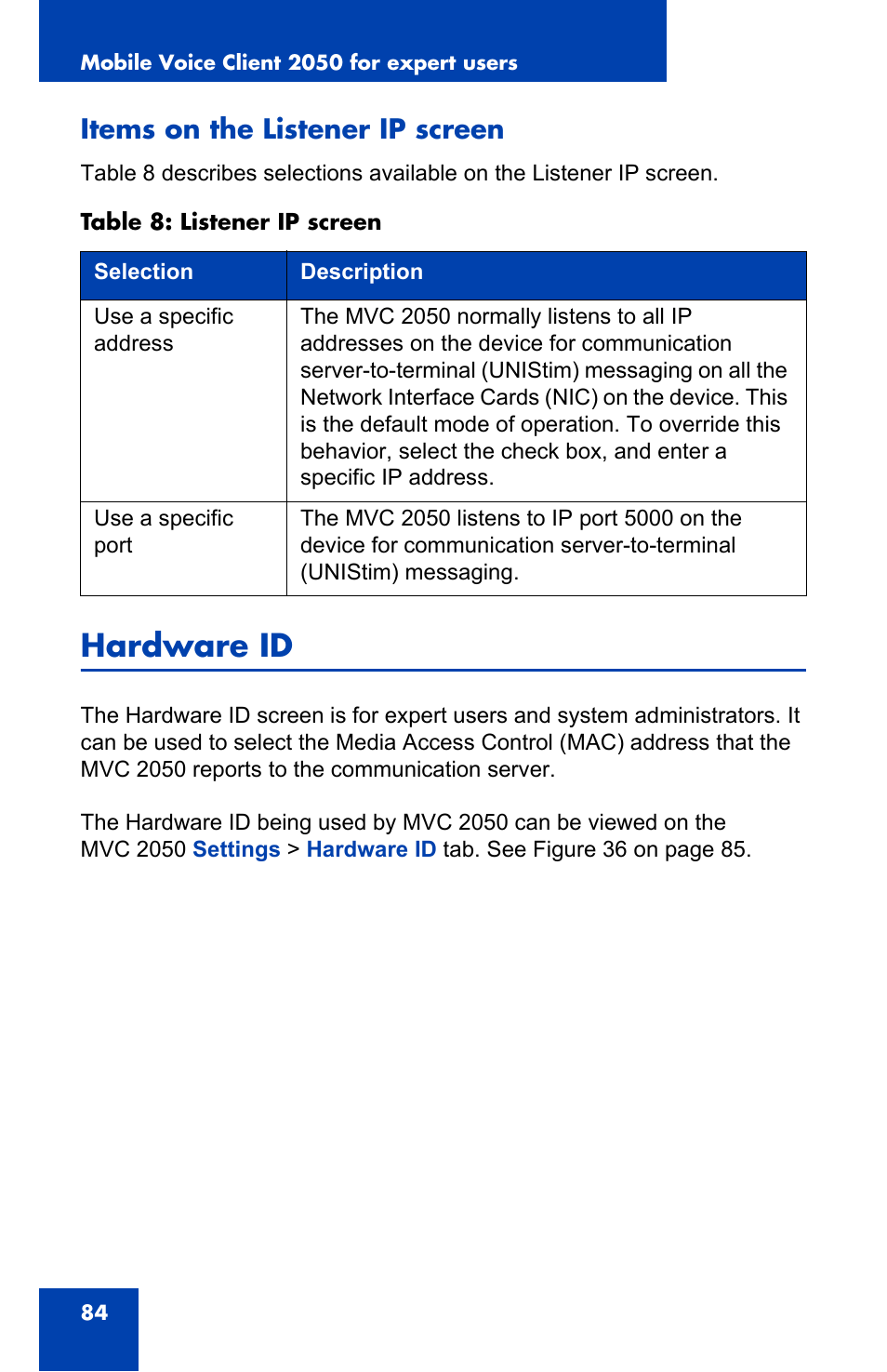 Items on the listener ip screen, Hardware id | Nortel Networks N0035509 User Manual | Page 84 / 90
