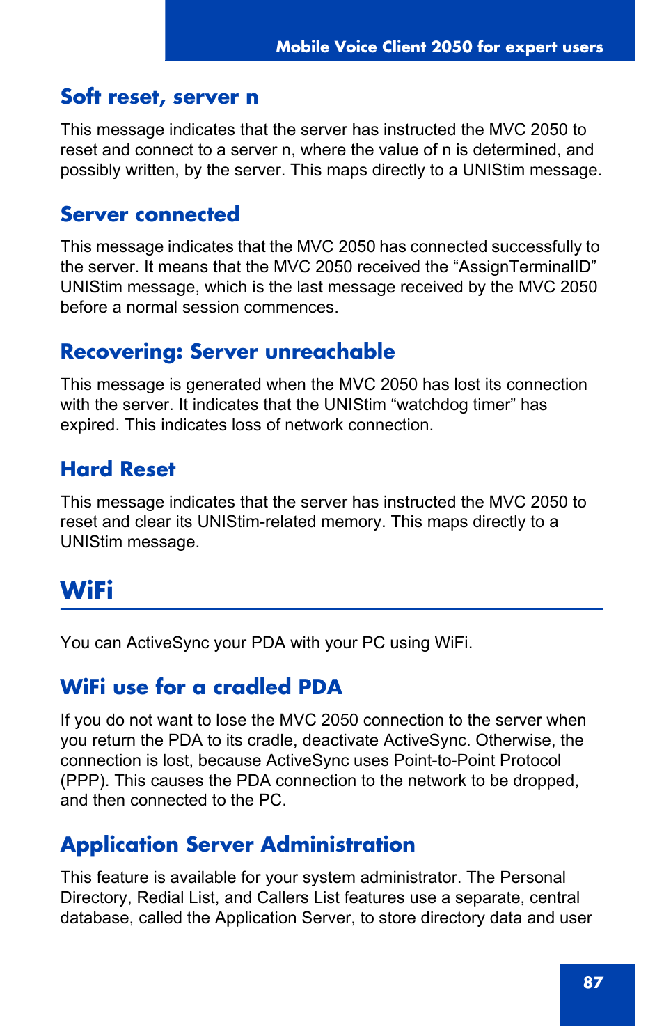 Soft reset, server n, Server connected, Recovering: server unreachable | Hard reset, Wifi, Wifi use for a cradled pda, Application server administration | Nortel Networks N0035509 User Manual | Page 87 / 90