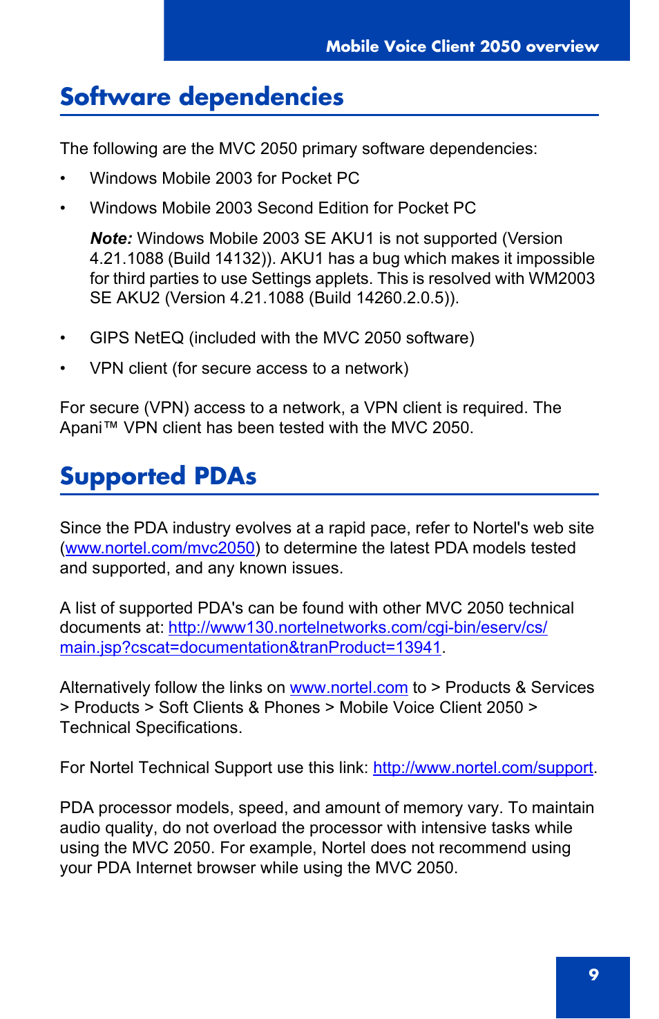 Software dependencies, Supported pdas | Nortel Networks N0035509 User Manual | Page 9 / 90