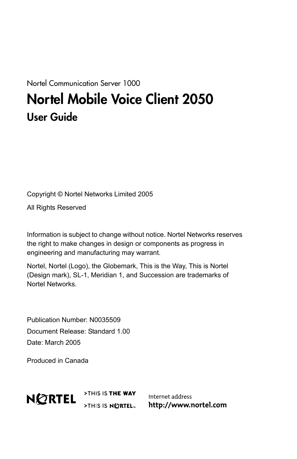 Nortel mobile voice client 2050, User guide | Nortel Networks N0035509 User Manual | Page 90 / 90
