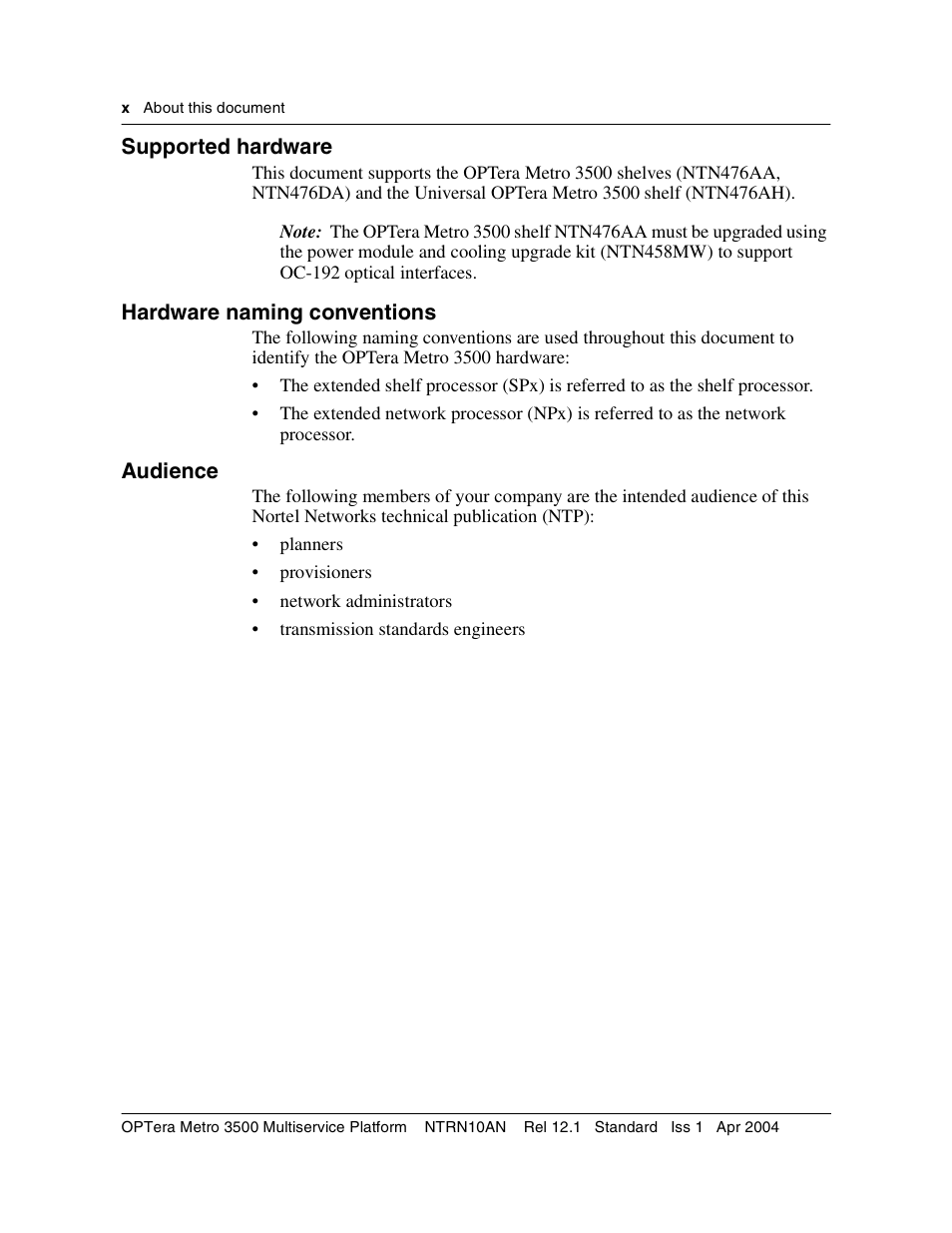 Supported hardware, Supported hardware x | Nortel Networks OPTera Metro 3500 User Manual | Page 10 / 342