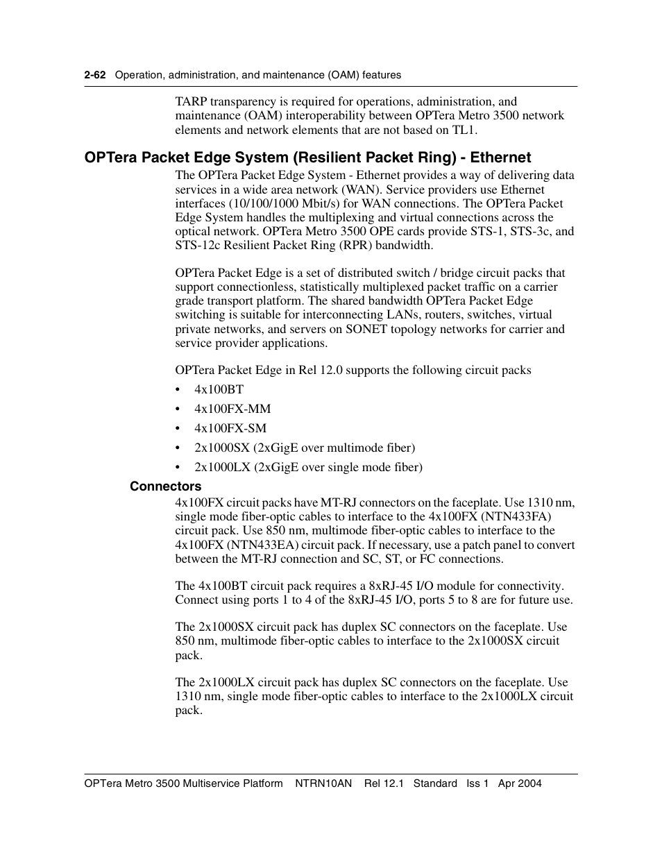 Connectors, Connectors 2-62 | Nortel Networks OPTera Metro 3500 User Manual | Page 100 / 342