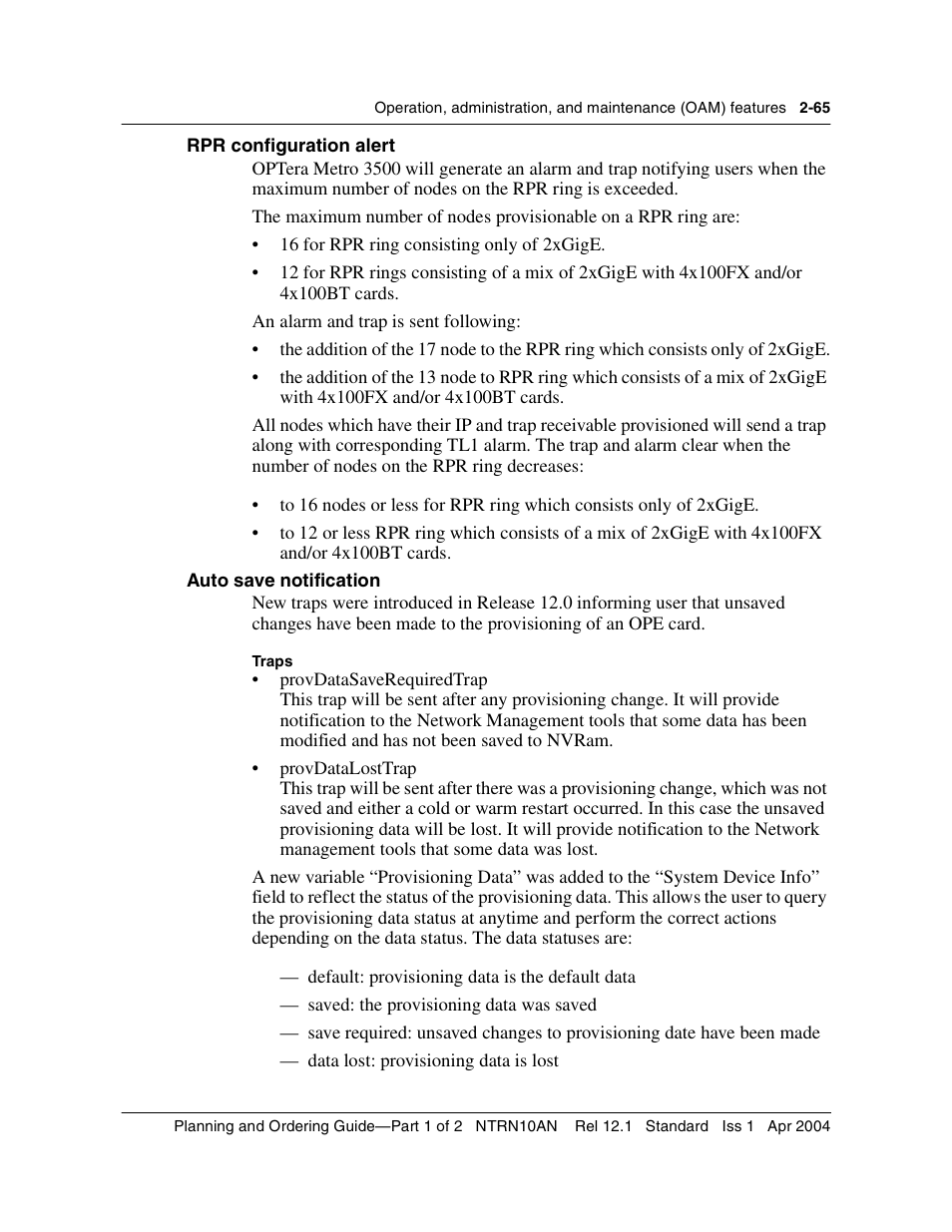 Rpr configuration alert, Auto save notification | Nortel Networks OPTera Metro 3500 User Manual | Page 103 / 342