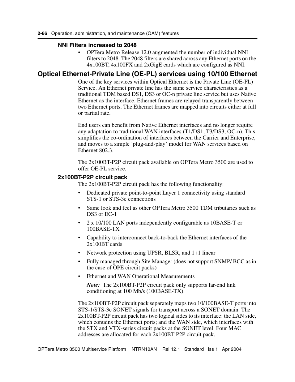 Nni filters increased to 2048, 2x100bt-p2p circuit pack, Nni filters increased to 2048 2-66 | 2x100bt-p2p circuit pack 2-66 | Nortel Networks OPTera Metro 3500 User Manual | Page 104 / 342