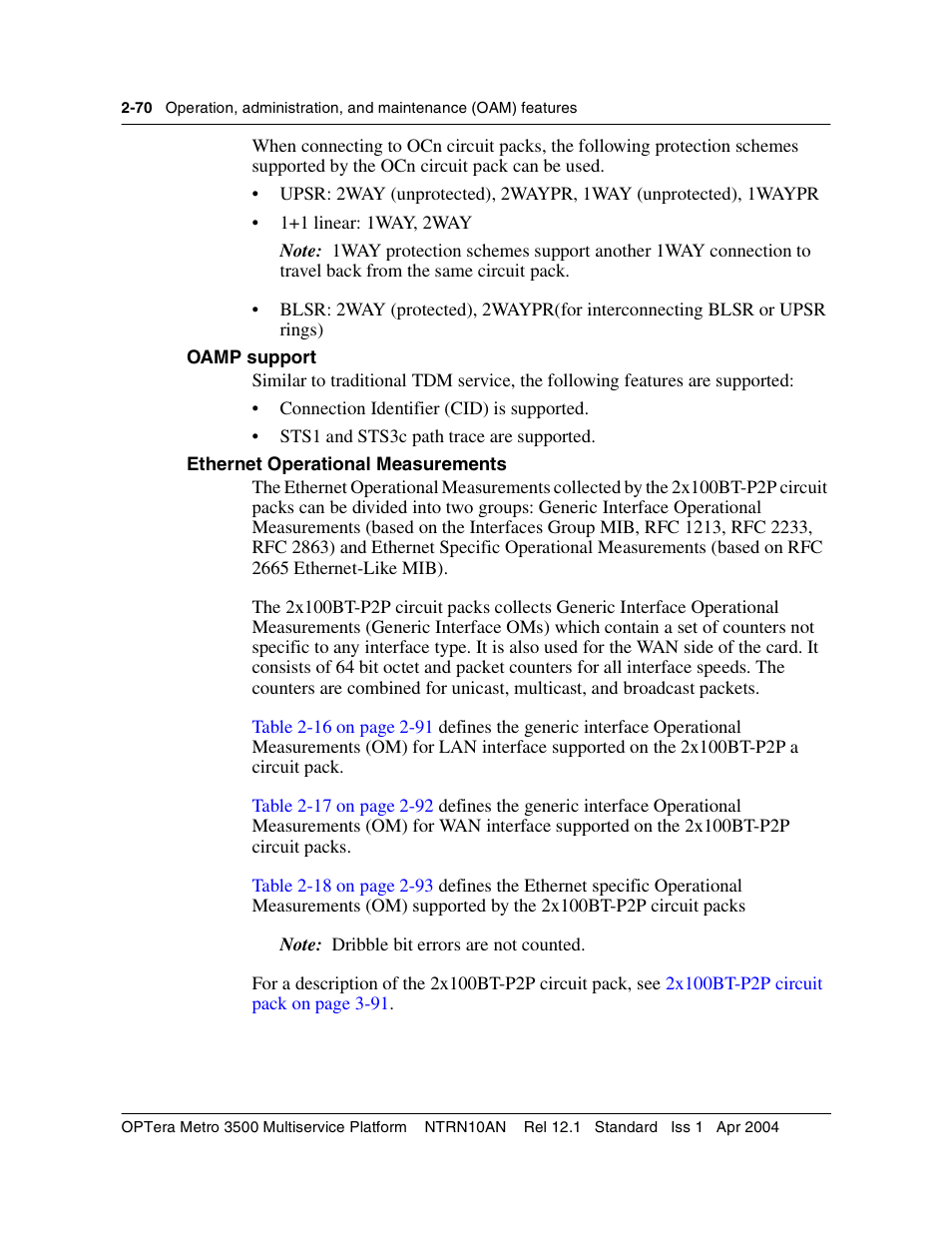 Oamp support, Ethernet operational measurements | Nortel Networks OPTera Metro 3500 User Manual | Page 108 / 342