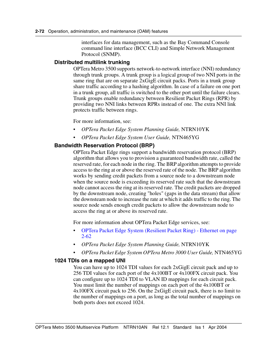 Distributed multilink trunking, Bandwidth reservation protocol (brp), 1024 tdis on a mapped uni | Nortel Networks OPTera Metro 3500 User Manual | Page 110 / 342