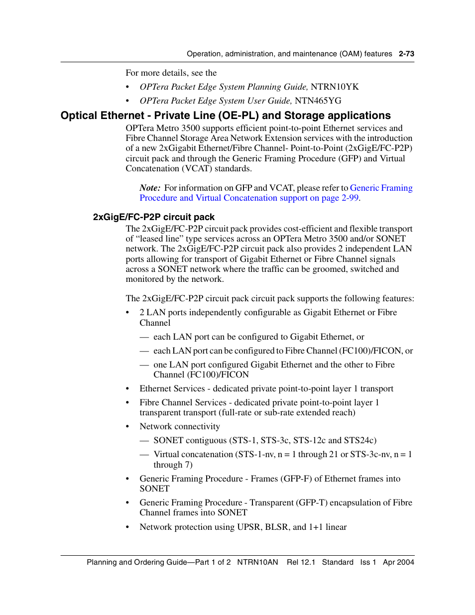 2xgige/fc-p2p circuit pack, 2xgige/fc-p2p circuit pack 2-73 | Nortel Networks OPTera Metro 3500 User Manual | Page 111 / 342