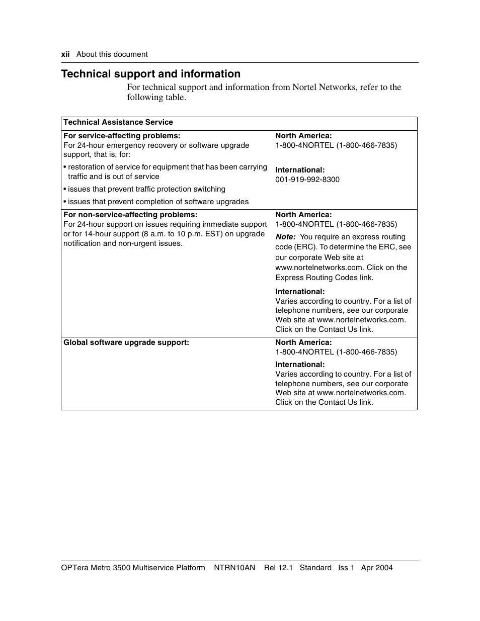 Technical support and information, Technical support and information xii | Nortel Networks OPTera Metro 3500 User Manual | Page 12 / 342