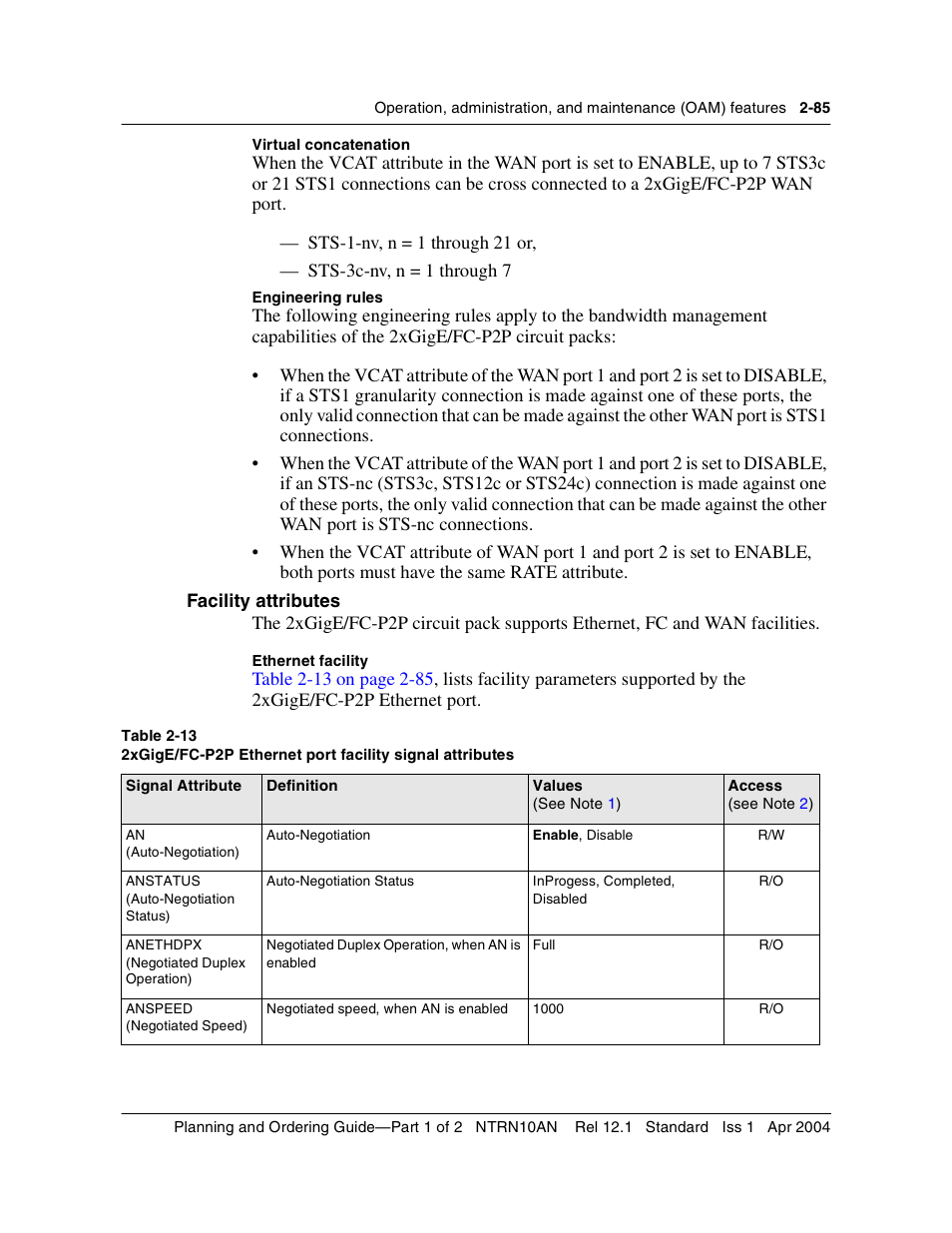 Facility attributes, Facility attributes 2-85 | Nortel Networks OPTera Metro 3500 User Manual | Page 123 / 342