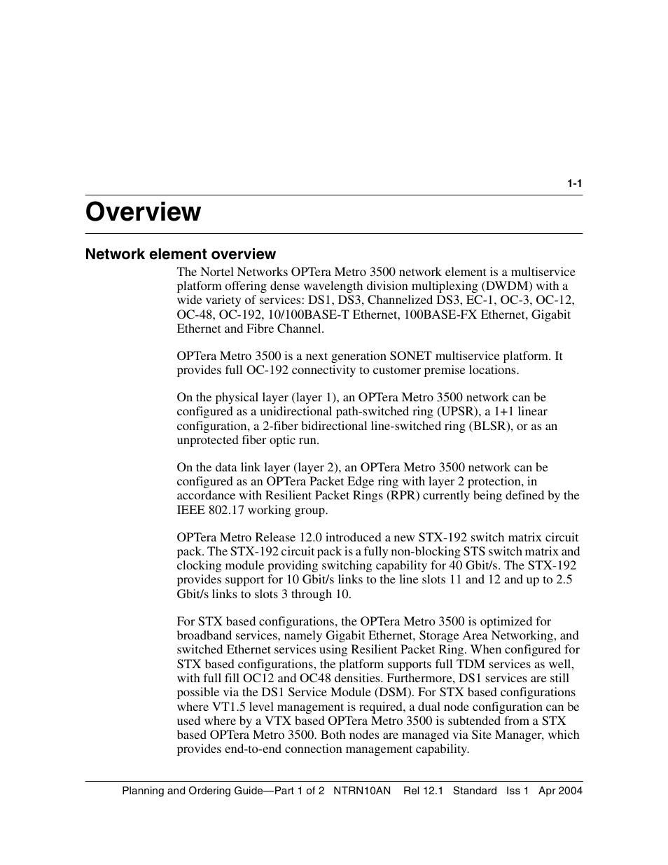 Overview, Network element overview, Network element overview 1-1 | Overview 1 | Nortel Networks OPTera Metro 3500 User Manual | Page 13 / 342