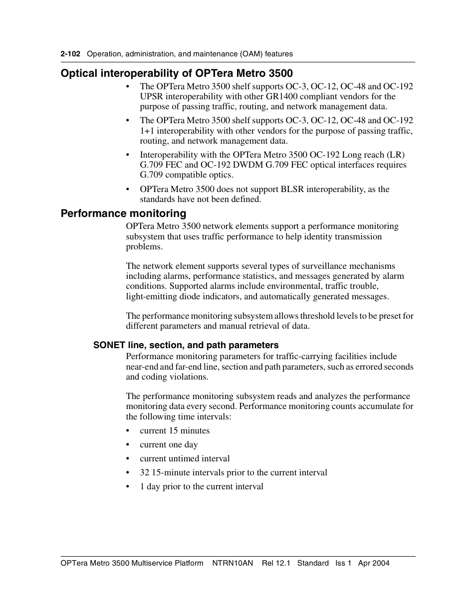 Optical interoperability of optera metro 3500, Performance monitoring, Sonet line, section, and path parameters | Nortel Networks OPTera Metro 3500 User Manual | Page 140 / 342