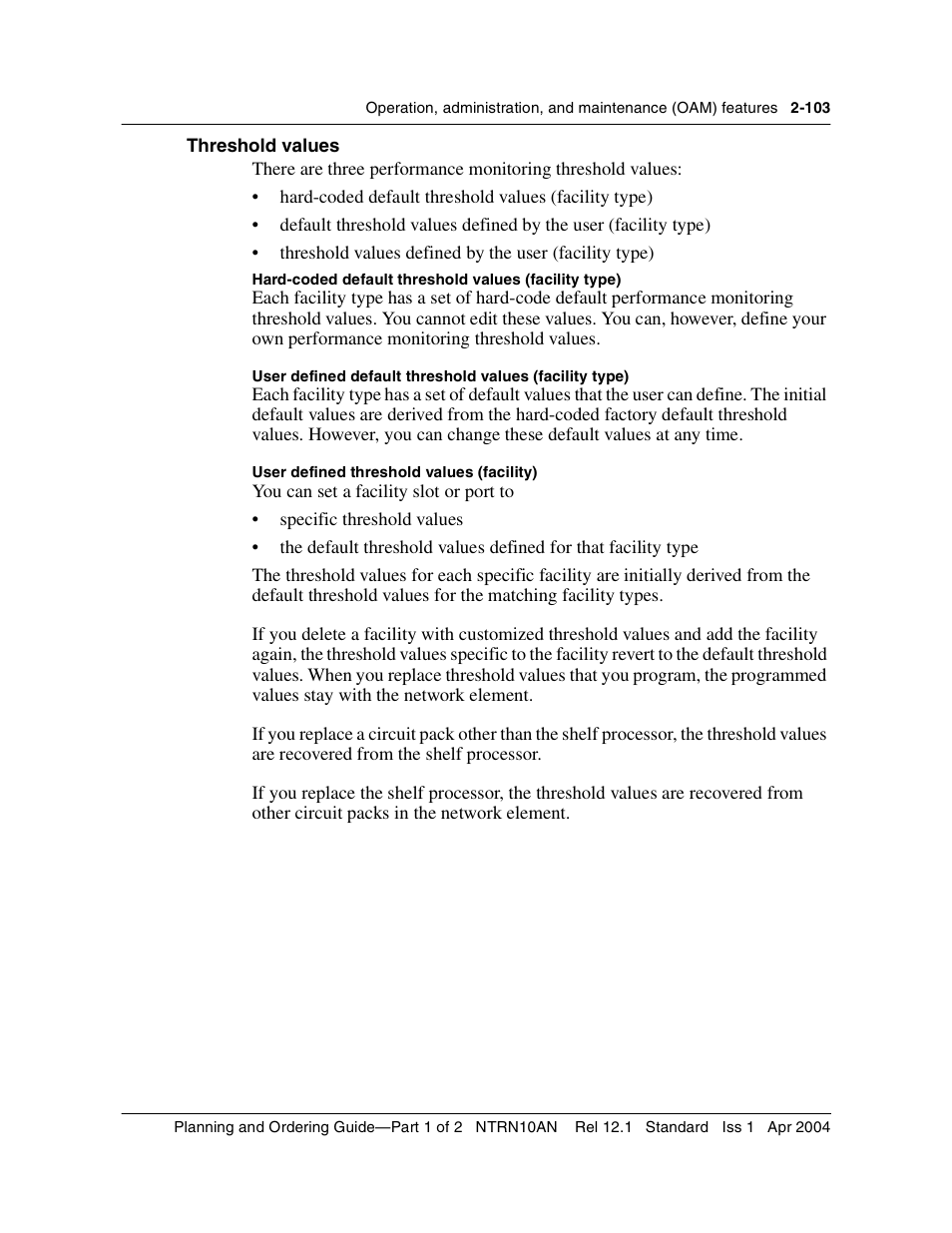 Threshold values, Threshold values 2-103 | Nortel Networks OPTera Metro 3500 User Manual | Page 141 / 342