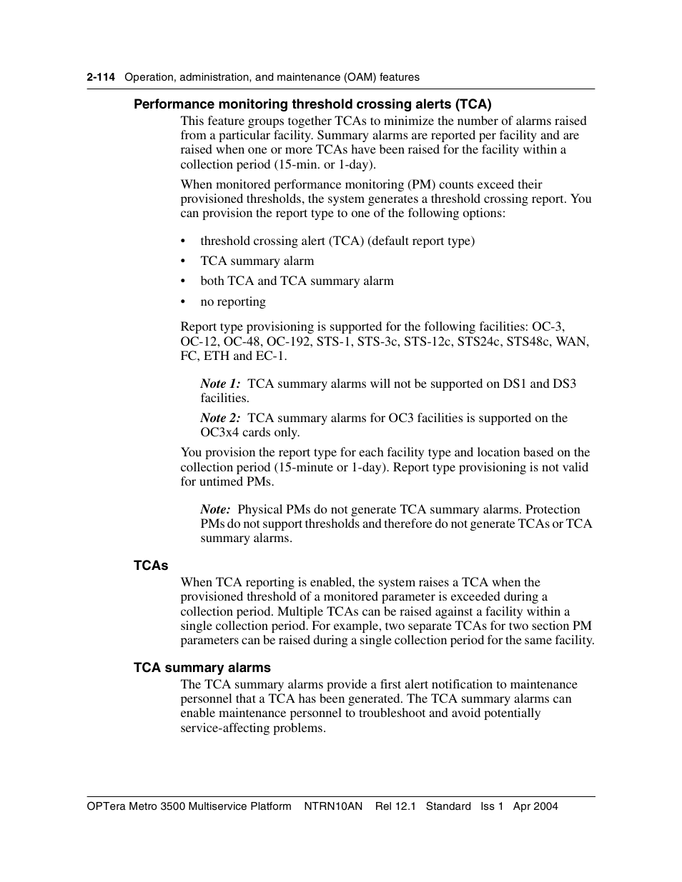 Tcas, Tca summary alarms | Nortel Networks OPTera Metro 3500 User Manual | Page 152 / 342