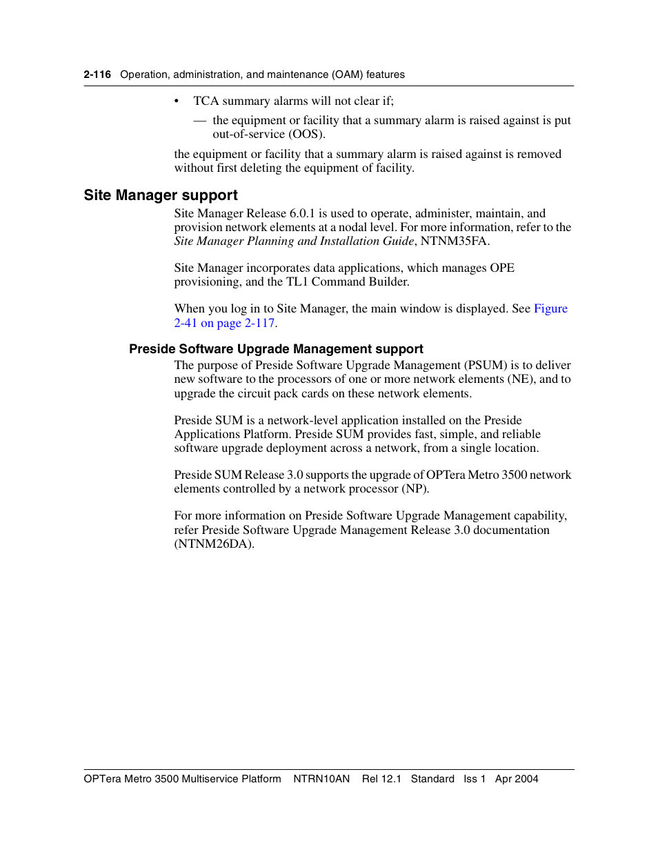 Site manager support, Preside software upgrade management support, Site manager support 2-116 | Preside software upgrade management support 2-116 | Nortel Networks OPTera Metro 3500 User Manual | Page 154 / 342