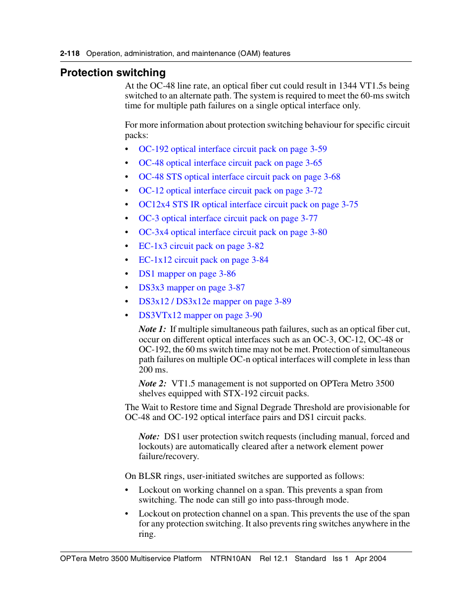 Protection switching, Protection switching 2-118 | Nortel Networks OPTera Metro 3500 User Manual | Page 156 / 342