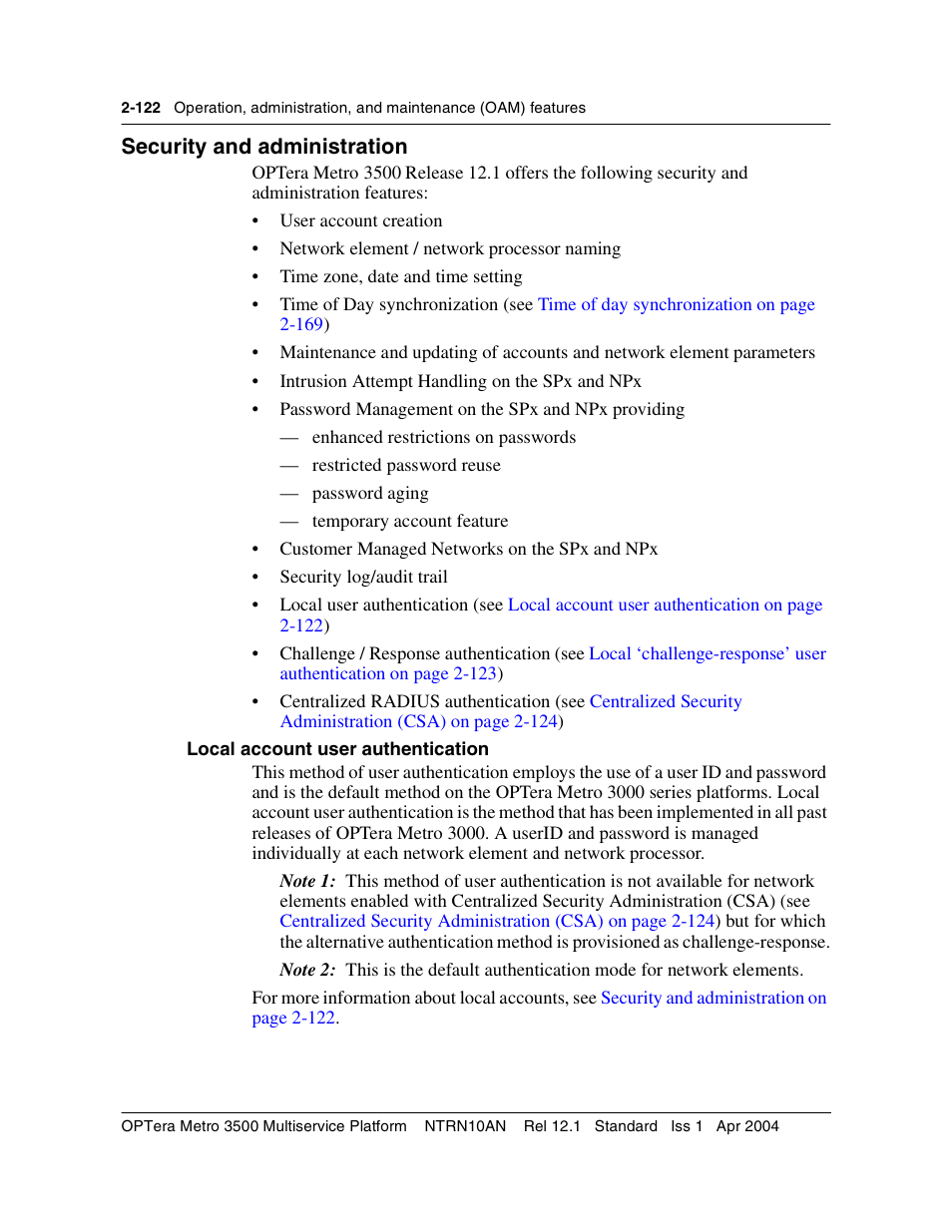 Security and administration, Local account user authentication, Security and administration 2-122 | Local account user authentication 2-122 | Nortel Networks OPTera Metro 3500 User Manual | Page 160 / 342