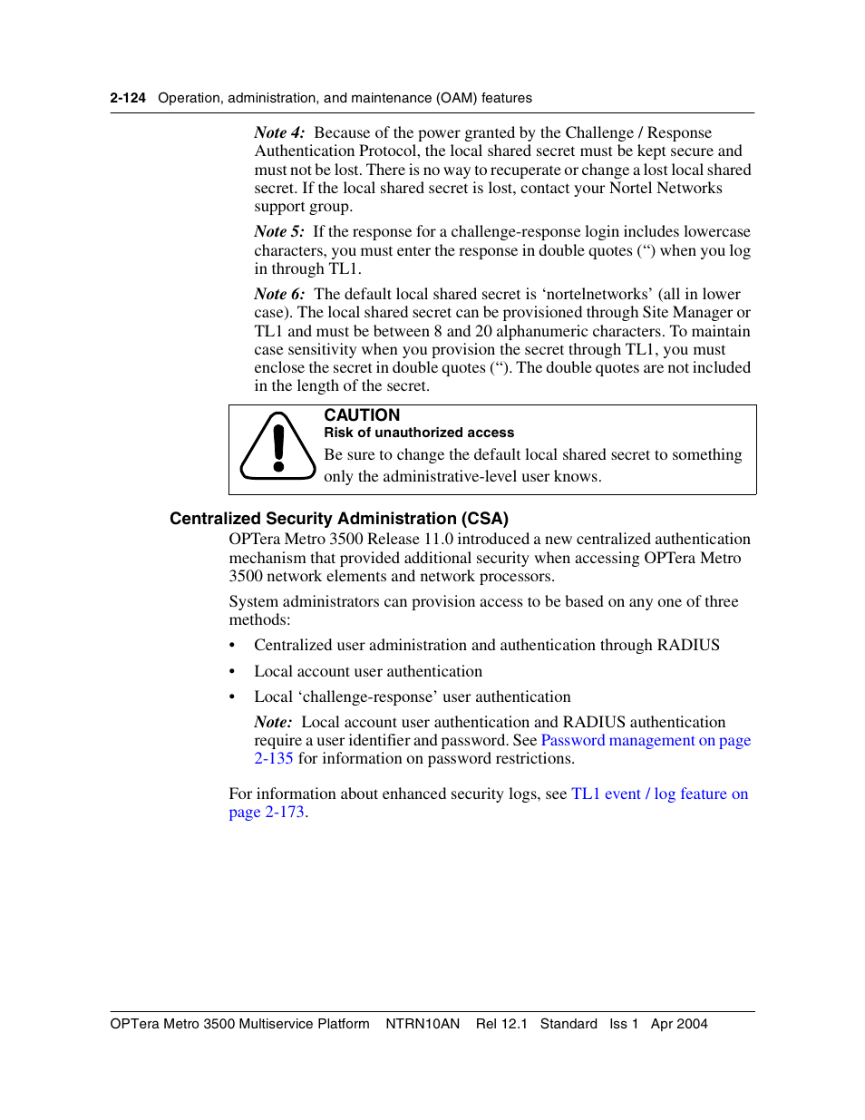 Centralized security administration (csa), Centralized security administration (csa) 2-124, Centralized security | Nortel Networks OPTera Metro 3500 User Manual | Page 162 / 342