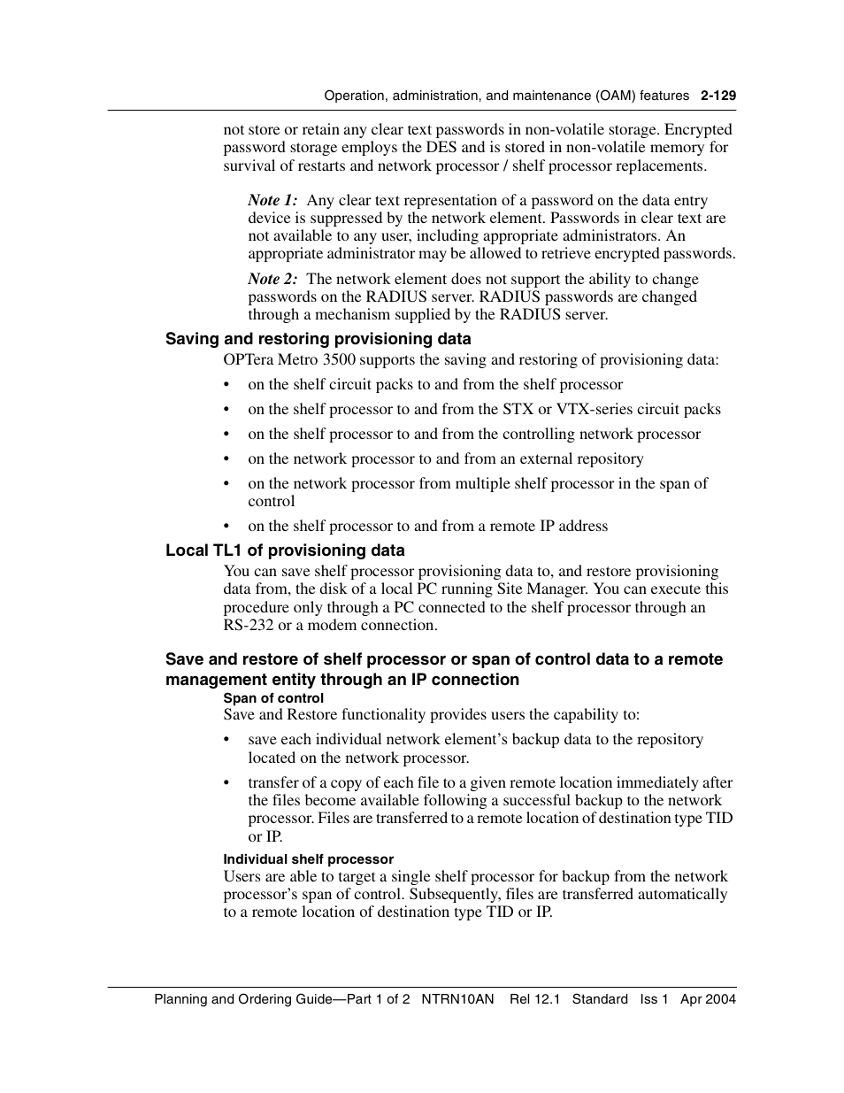 Saving and restoring provisioning data, Local tl1 of provisioning data, Management entity through an ip connection 2-129 | Nortel Networks OPTera Metro 3500 User Manual | Page 167 / 342