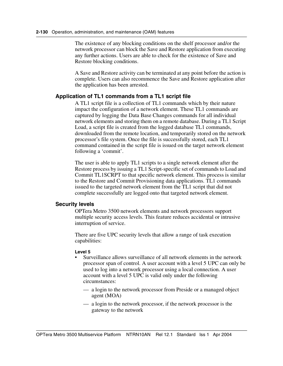 Application of tl1 commands from a tl1 script file, Security levels | Nortel Networks OPTera Metro 3500 User Manual | Page 168 / 342